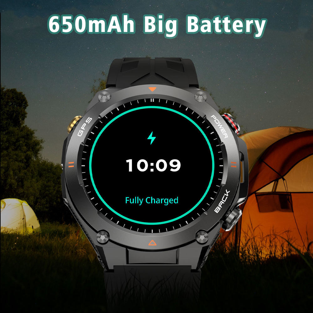 SENBONO rugged GPS smartwatch with 1.45-inch HD screen, showing altitude and compass data for outdoor hiking and climbing.