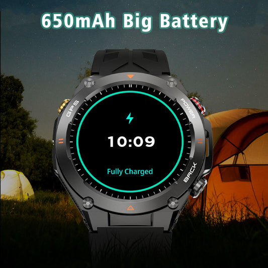 SENBONO rugged GPS smartwatch with 1.45-inch HD screen, showing altitude and compass data for outdoor hiking and climbing.