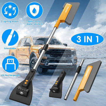 3-in-1 Car Snow Brush & Ice Scraper with LED Lights | Extendable Telescopic Snow Shovel for Cars & SUVs