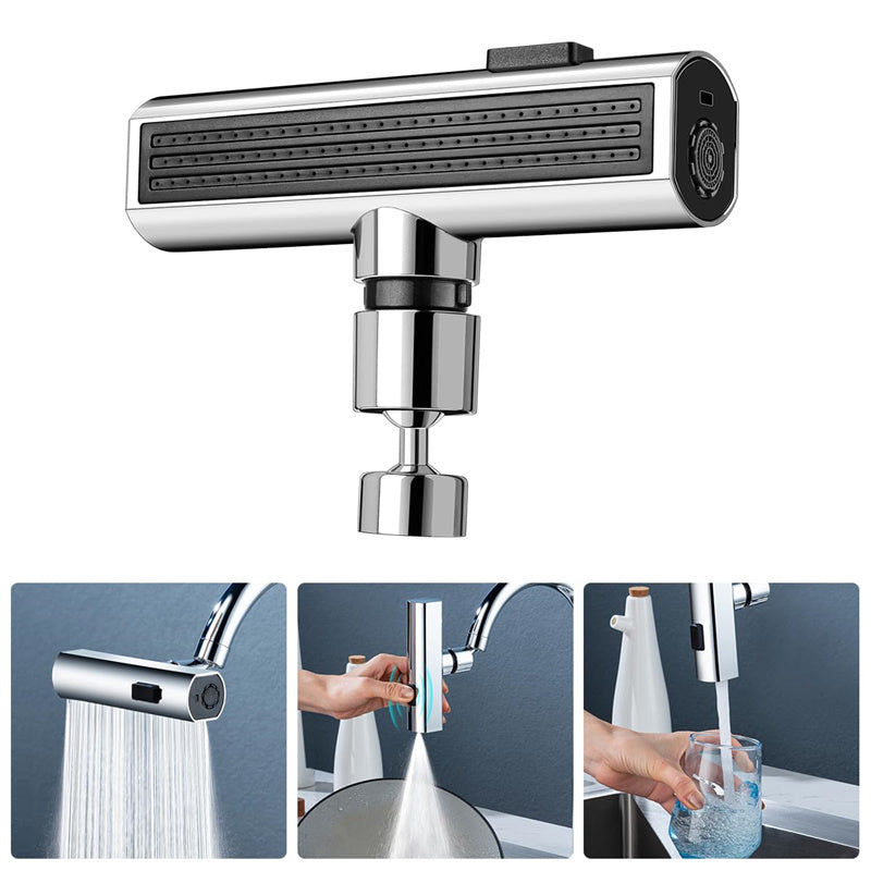 A 3-in-1 waterfall kitchen faucet attachment installed on a sink, showing the wide waterfall spray mode for washing vegetables efficiently.