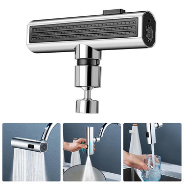 A 3-in-1 waterfall kitchen faucet attachment installed on a sink, showing the wide waterfall spray mode for washing vegetables efficiently.