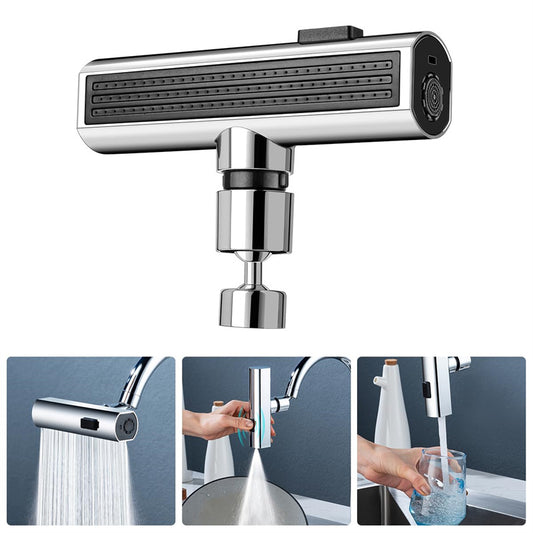 A 3-in-1 waterfall kitchen faucet attachment installed on a sink, showing the wide waterfall spray mode for washing vegetables efficiently.