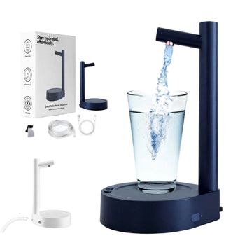 White electric water bottle dispenser on a desktop pumping water from a 5-gallon bottle with a USB rechargeable port and sleek design