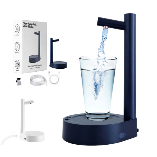 White electric water bottle dispenser on a desktop pumping water from a 5-gallon bottle with a USB rechargeable port and sleek design