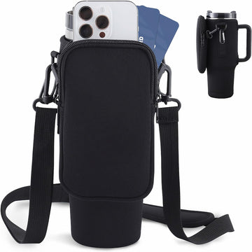 Premium neoprene water bottle carrier bag for 40oz tumblers featuring an adjustable shoulder strap and a small pocket for phone and keys.
