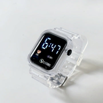 Minimalist square LED digital watch for men and women with a black silicone strap, displaying bright digital time in a dark setting.