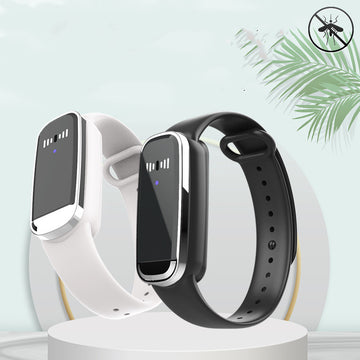 White ultrasonic mosquito repellent bracelet on a baby's wrist, showing a chemical-free electronic mosquito protection device.