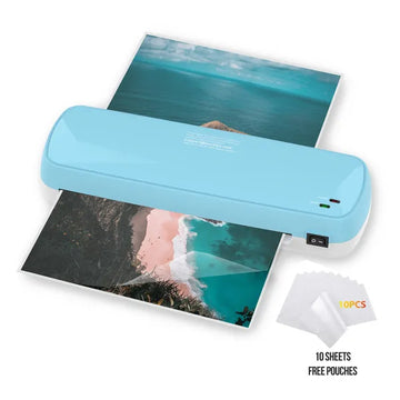 Sleek black 9-inch thermal laminator machine with a laminated A4 document and 10 laminating pouches included.
