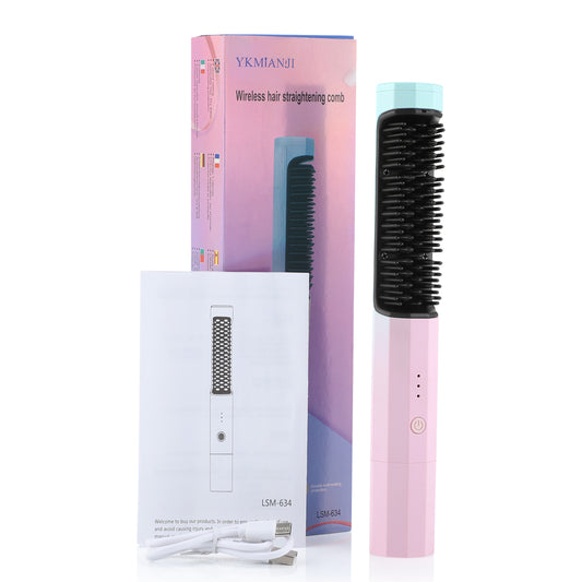 Cordless Hair Straightener Brush | 2-in-1 Wireless Straightening Comb & Curler for Travel & Touch-ups