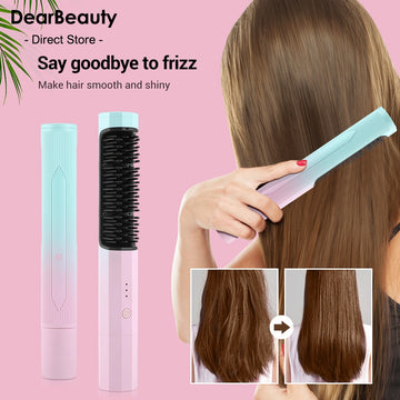 Portable cordless hair straightener brush with ceramic heating teeth and USB charging port for travel-friendly hair styling.