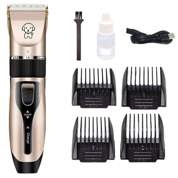 Quiet cordless professional pet hair clippers being used to trim the thick coat of a calm golden retriever at home.