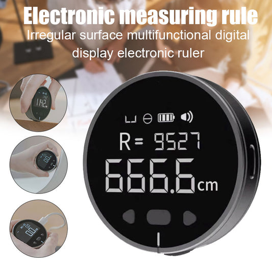 Compact circular digital electronic measuring ruler with a large LCD screen displaying measurements in centimeters and inches.