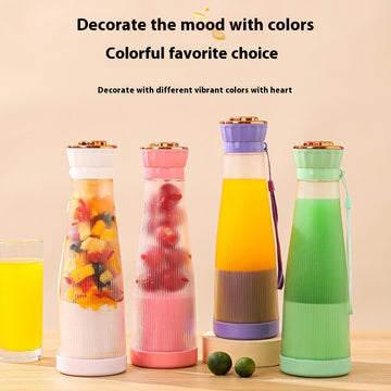 Portable personal blender cup with a USB charging port, blending a fresh fruit smoothie for office and travel use.