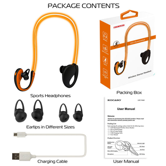 Wireless Sport Neckband Headphones with LED Light - Secure-Fit Sweatproof Earphones
