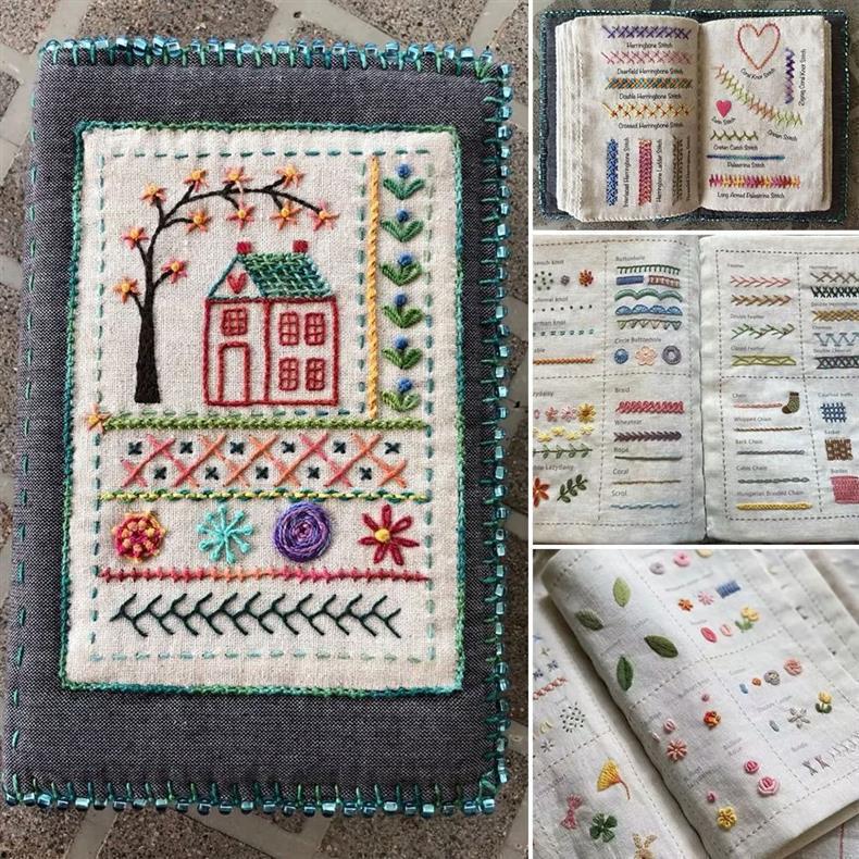 Premium DIY embroidery kit featuring a linen book with floral patterns, colorful embroidery threads, needles, and a wooden hoop.