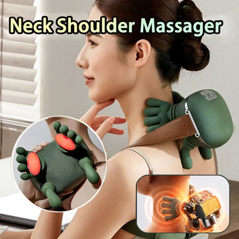 Rechargeable cordless neck and shoulder massager shawl with heated kneading nodes providing deep tissue therapy for back pain relief.
