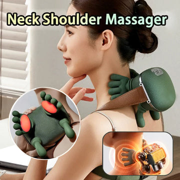 Rechargeable cordless neck and shoulder massager shawl with heated kneading nodes providing deep tissue therapy for back pain relief.