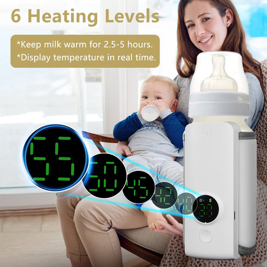 Portable Baby Bottle Warmer | USB Rechargeable Milk Warmer for Travel with 6 Adjustable Heat Levels