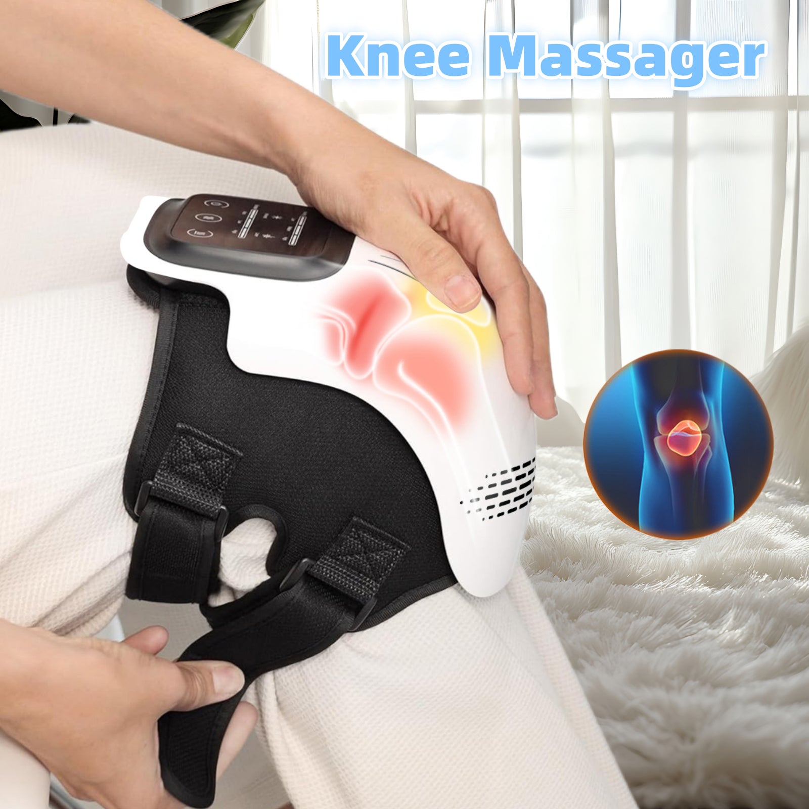 Ergonomic electric knee massager with digital touch display, showing infrared laser therapy lights and heating pads for joint pain relief.