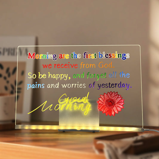 LED acrylic message board with wooden stand, erasable glowing night light memo board for home and office decor