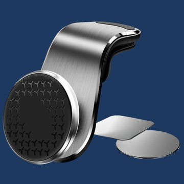 Strong magnetic air vent car mount holding a smartphone securely with 360-degree rotation feature in a car's dashboard vent.