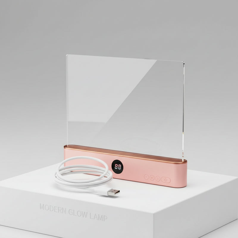 Ultra-slim transparent LED tablet reading light panel glowing over a book page, showing eye-care flicker-free illumination