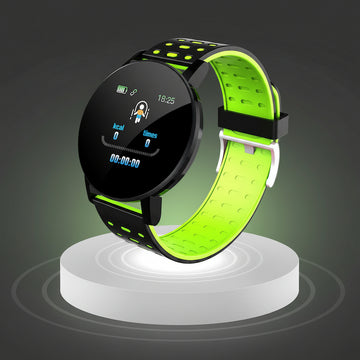 Black waterproof smart watch for men and women showing heart rate monitor and bluetooth fitness tracker features on a high-resolution display.