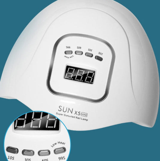 White nail lamp with digital display on a blue background