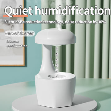 Anti-gravity water droplet humidifier with a mesmerizing optical illusion effect of water flowing upwards, featuring an 800ml tank and LED display.