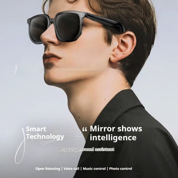 Modern black AI smart glasses with built-in open-ear speakers and polarized lenses for hands-free calls and music.