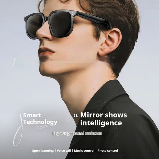 Modern black AI smart glasses with built-in open-ear speakers and polarized lenses for hands-free calls and music.