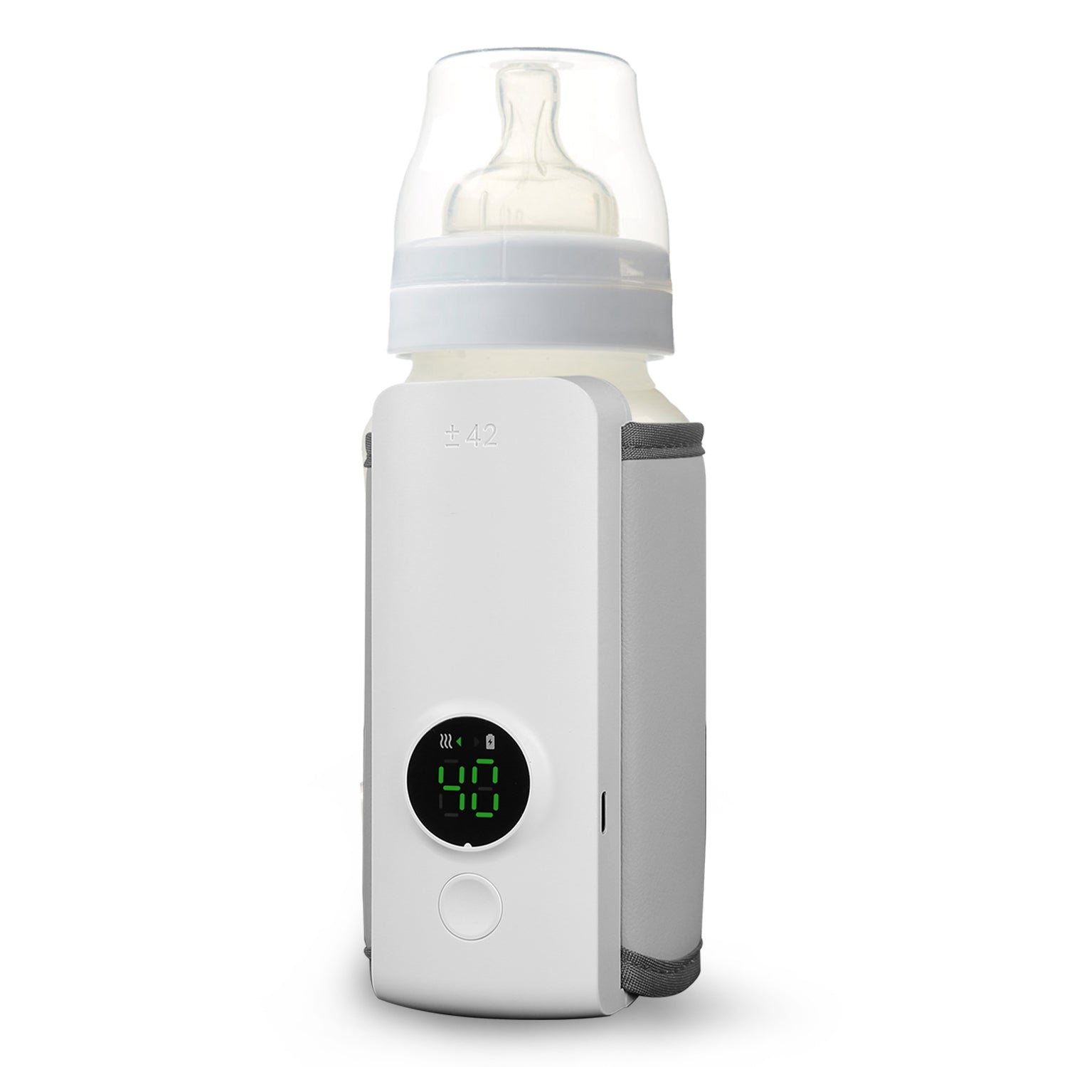 Compact portable baby bottle warmer with digital LCD display showing temperature and USB charging cable for travel use.
