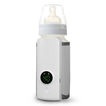 Compact portable baby bottle warmer with digital LCD display showing temperature and USB charging cable for travel use.