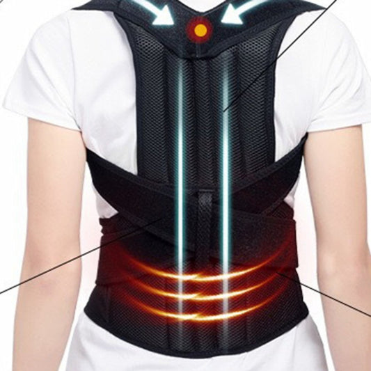 Black adjustable posture corrector brace for men and women, providing upper back and shoulder support for spine alignment and pain relief.