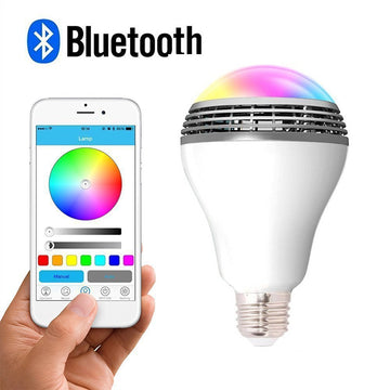RGB color-changing E27 LED bulb with integrated Bluetooth speaker and wireless remote control for home party lighting.