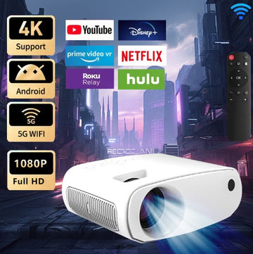 Compact white mini HD projector projecting a vibrant movie scene on a wall for a home theater setup.