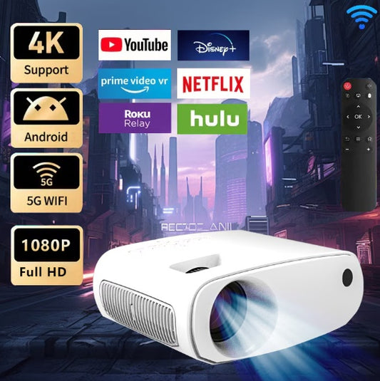 Compact white mini HD projector projecting a vibrant movie scene on a wall for a home theater setup.