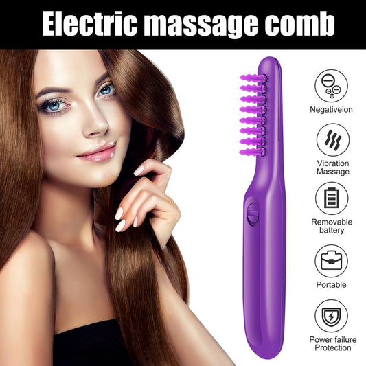 Electric detangling hair brush with oscillating bristles being used on thick curly hair for a pain-free grooming experience.
