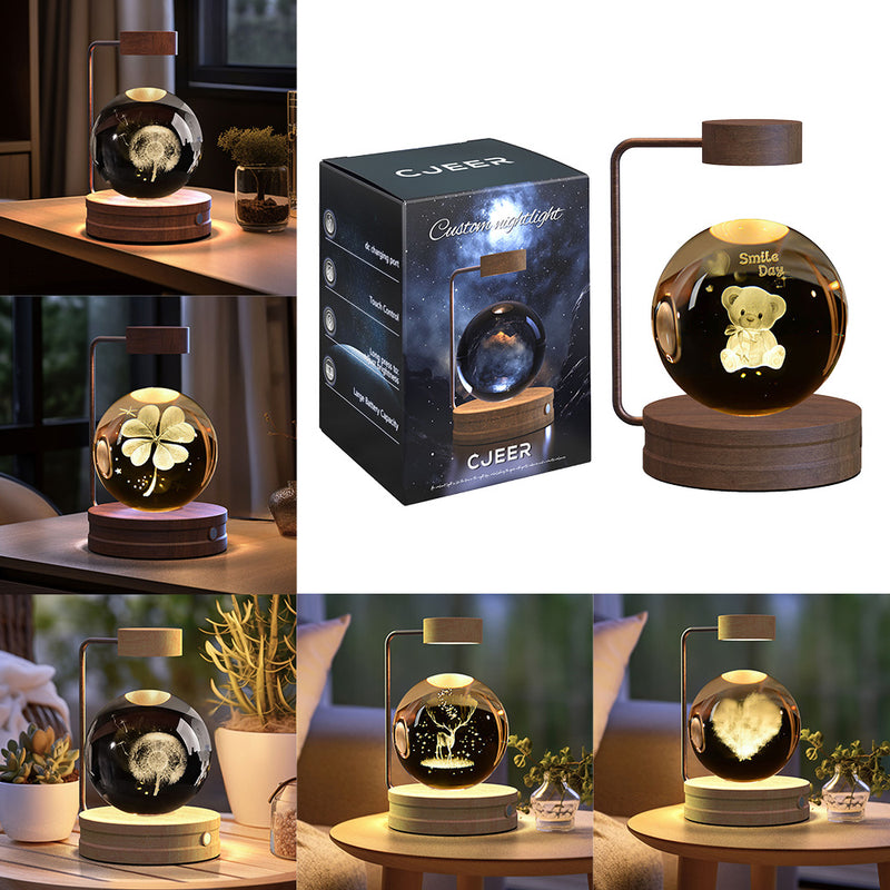 3D laser-engraved dinosaur inside a clear crystal ball on a wooden LED base emitting warm white light for bedroom decoration