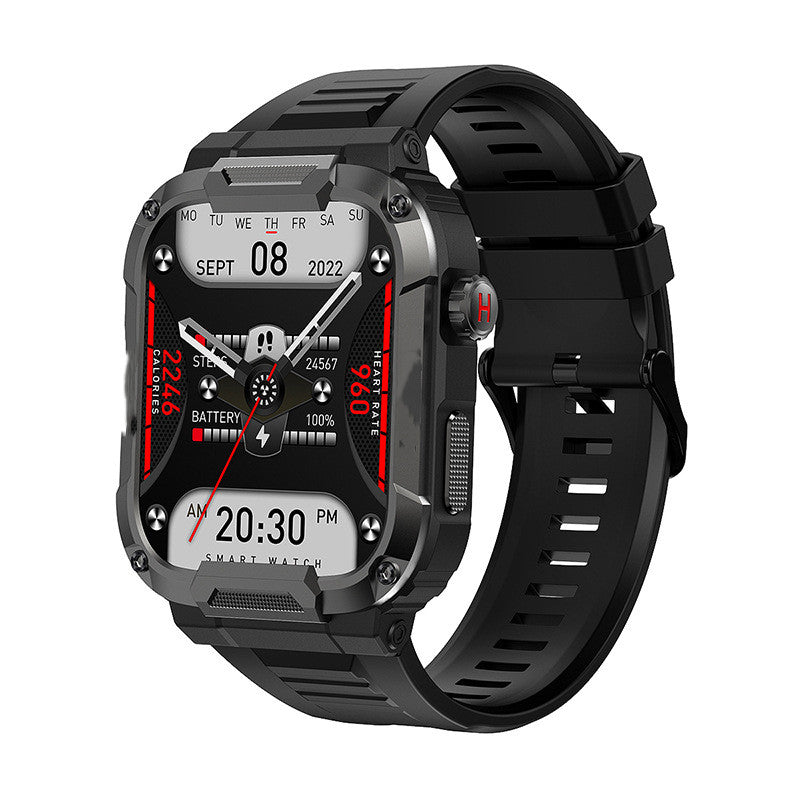 MK66 Rugged Smartwatch with a military-grade build, showing the Bluetooth calling interface and 400mAh large battery capacity.