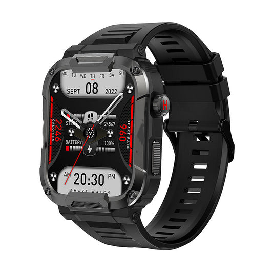 MK66 Rugged Smartwatch with a military-grade build, showing the Bluetooth calling interface and 400mAh large battery capacity.