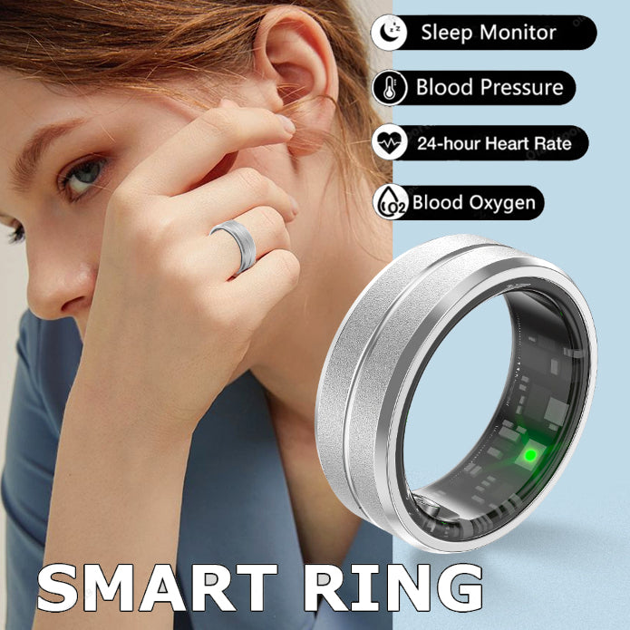Sleek metallic smart ring on a finger, featuring internal sensors for heart rate and blood oxygen monitoring with IP68 waterproof rating.