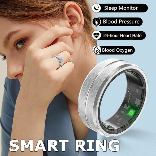 Sleek metallic smart ring on a finger, featuring internal sensors for heart rate and blood oxygen monitoring with IP68 waterproof rating.