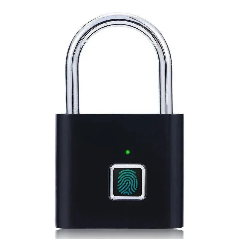 Metallic smart fingerprint padlock being unlocked with a thumbprint, showing a small LED status light for secure biometric access.