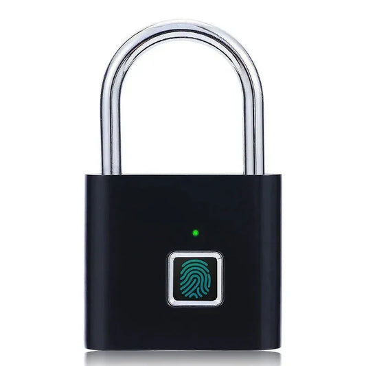 Metallic smart fingerprint padlock being unlocked with a thumbprint, showing a small LED status light for secure biometric access.