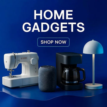 Home gadgets banner with sewing machine, coffee maker and lamp