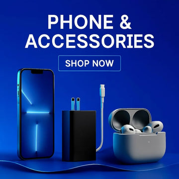 Smartphone with modern accessories including earphones, charger, and protective case