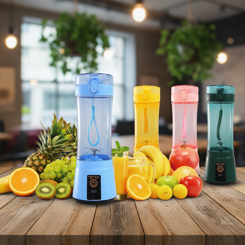 Pink portable personal blender with USB charging cable, mini smoothie maker and juicer for travel, gym, and office use.