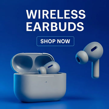 Wireless earbuds with charging case on a blue background